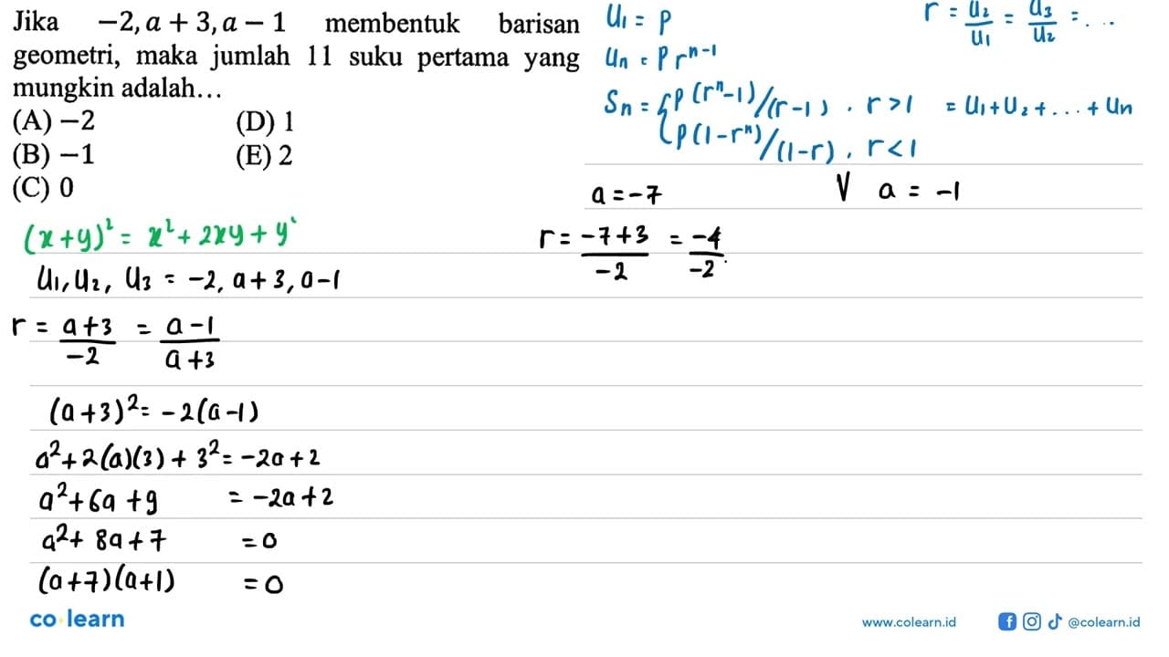 Jika -2,a + 3,a - 1 membentuk barisan geometri, maka jumlah