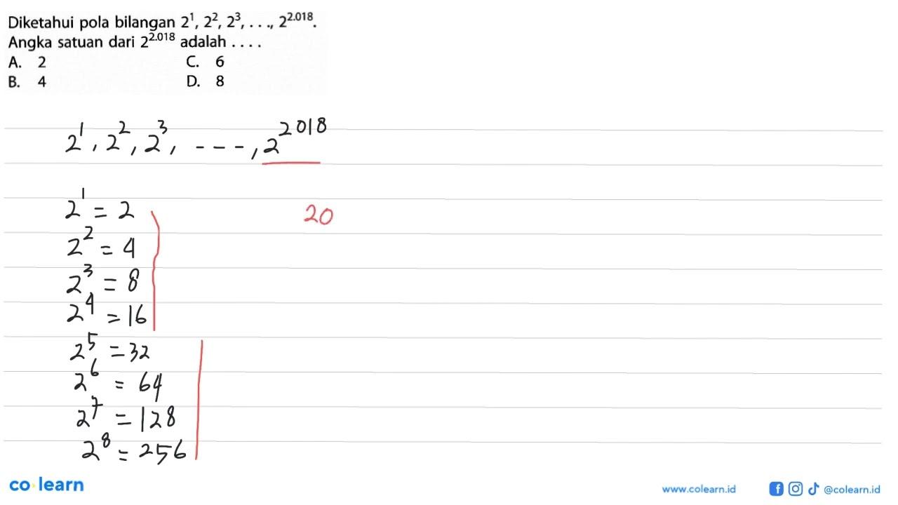 Diketahui pola bilangan 2^1 , 2^2 , 2^3 , . . ., 2^2.018 .