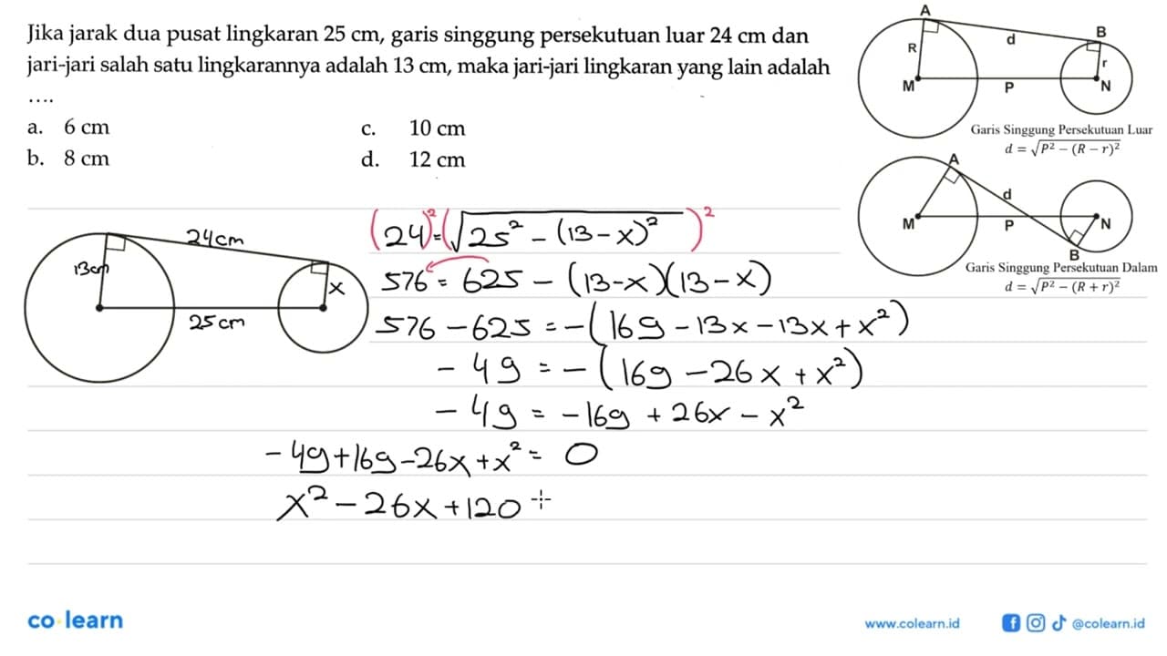 Jika jarak dua pusat lingkaran 25 cm, garis singgung