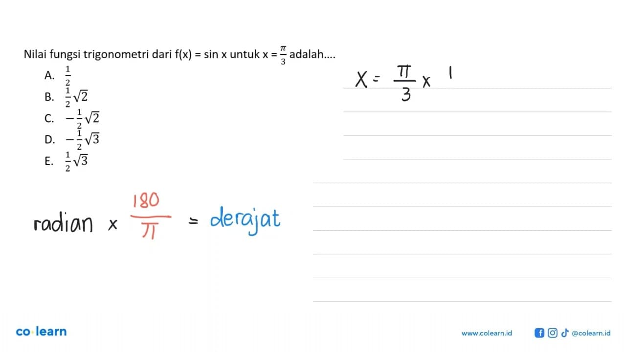 Nilai fungsi trigonometri dari f(x)=sin x untuk x=pi/3