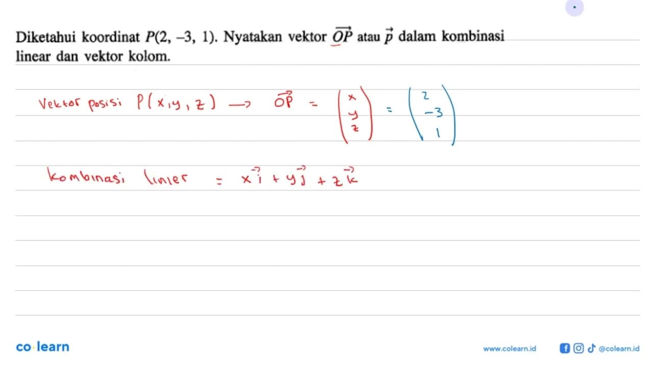 Diketahui koordinat P(2,-3,1). Nyatakan vektor O P atau p