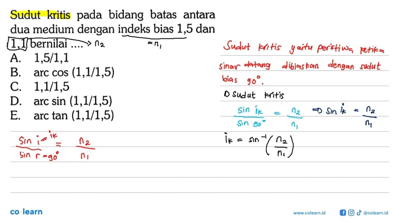 Sudut kritis pada bidang batas antara dua medium dengan