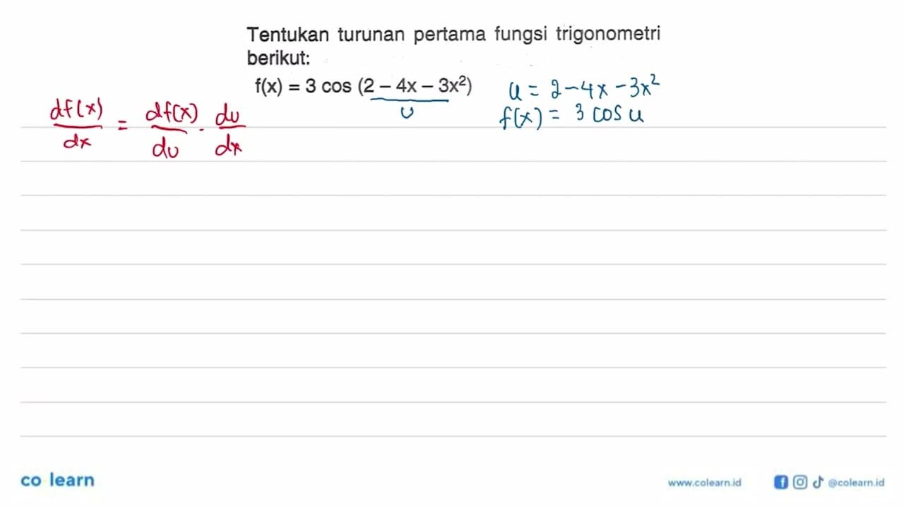 Tentukan turunan pertama fungsi trigonometri berikut: f(x)