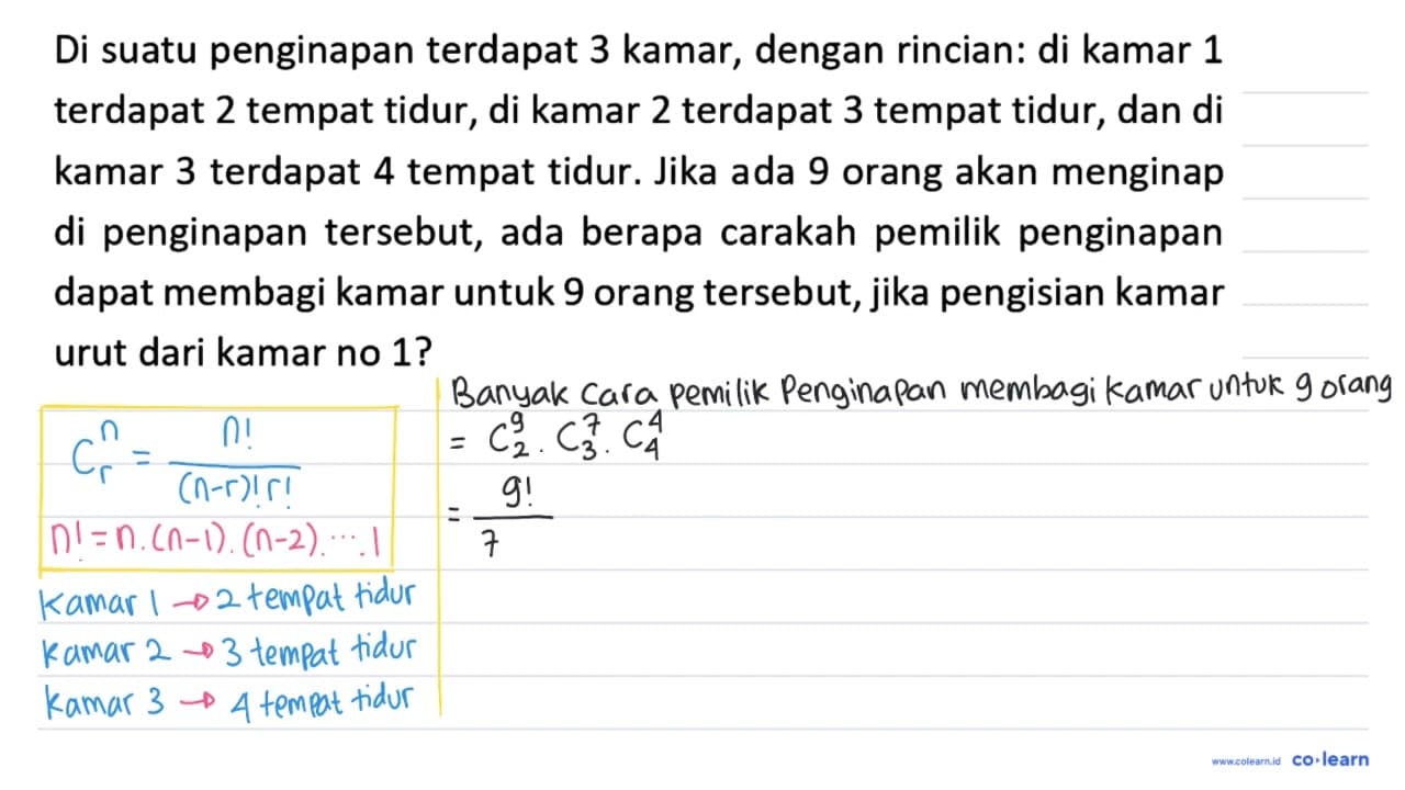 Di suatu penginapan terdapat 3 kamar, dengan rincian: di