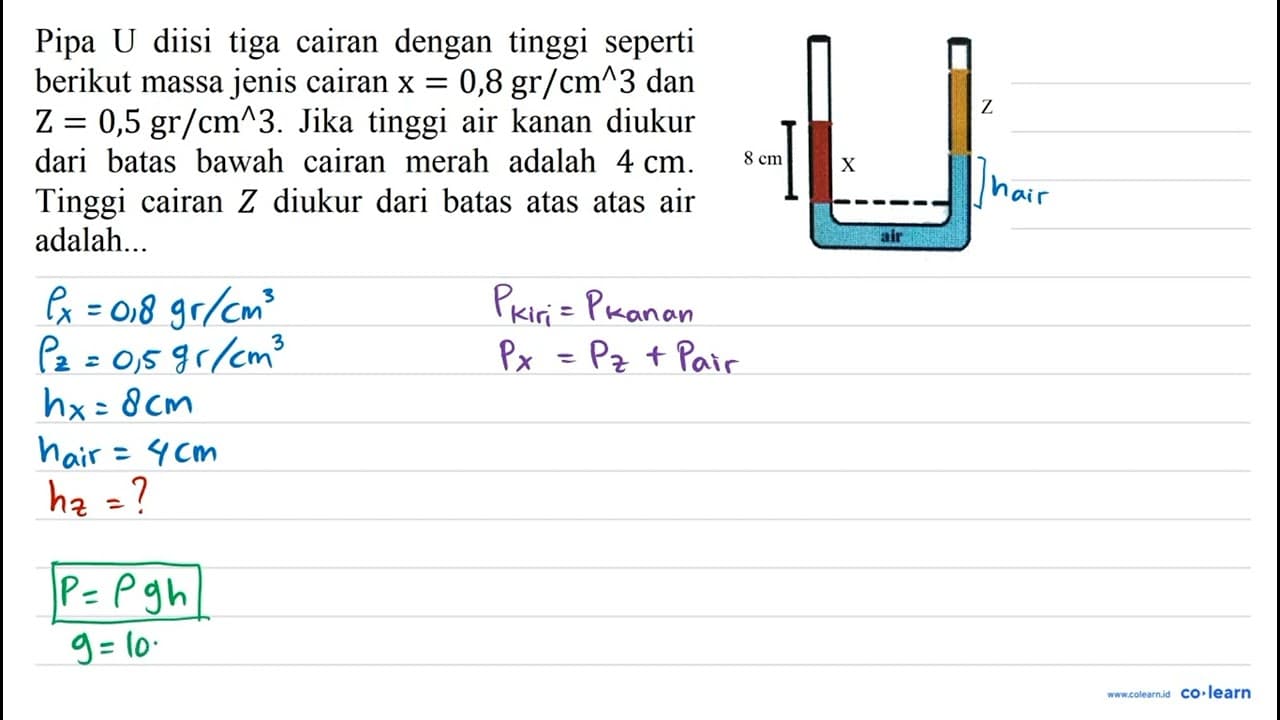 Pipa U diisi tiga cairan dengan tinggi seperti berikut