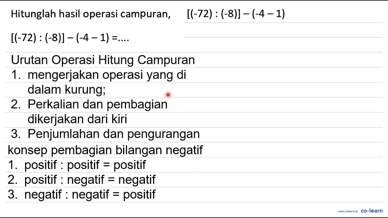 Hitunglah hasil operasi campuran, [(-72):(-8)]-(-4-1)=... .