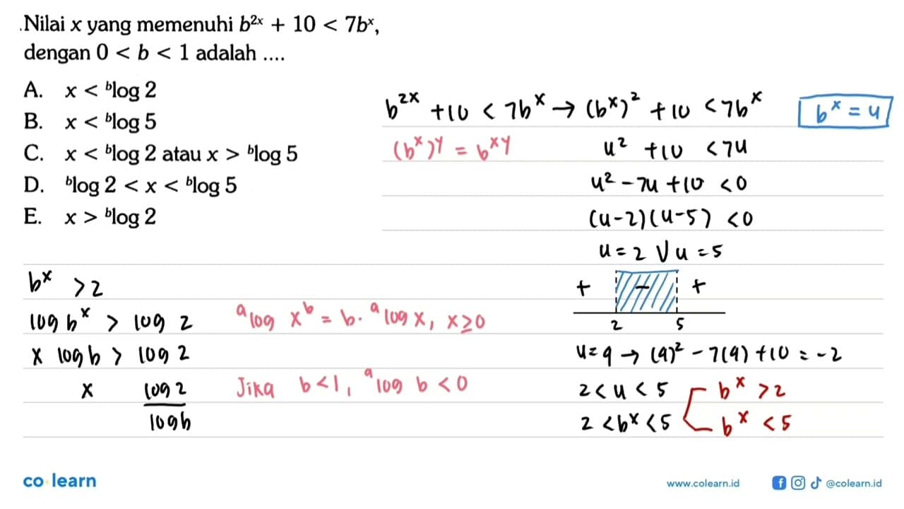 Nilai x yang memenuhi b^(2x)+10<7b^x, dengan 0<b<1 adalah