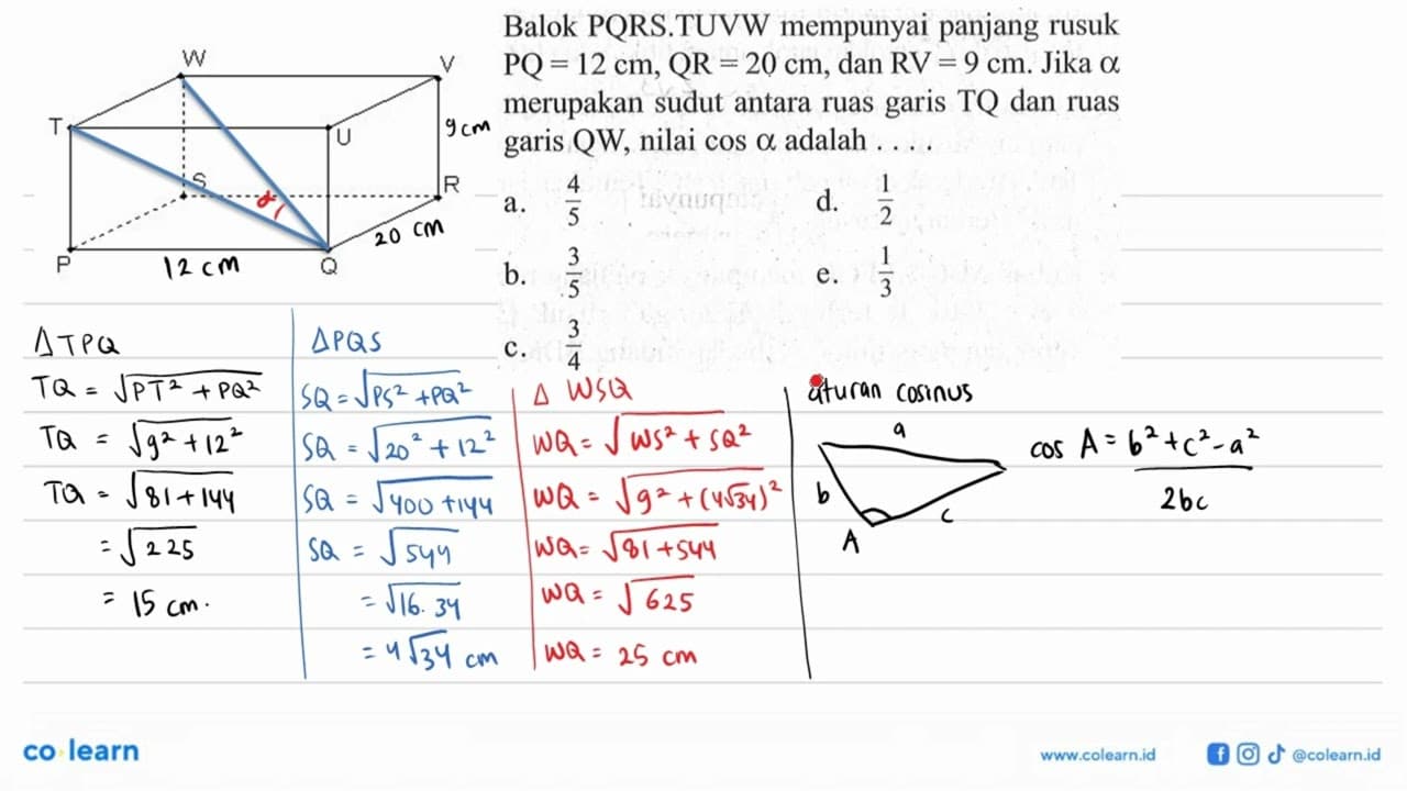 Balok PQRS.TUVW mempunyai panjang rusuk PQ=12 cm, QR=20 cm,