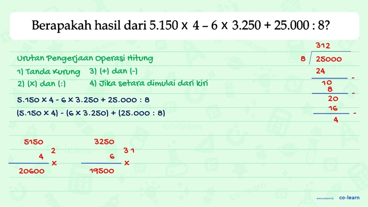 Berapakah hasil dari 5.150 x 4 - 6 x 3.250 + 25.000 : 8?