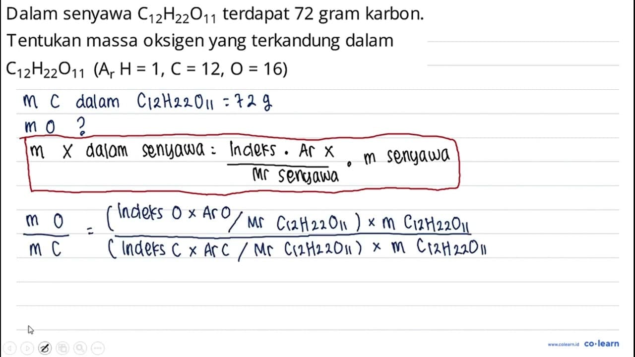 Dalam senyawa C_(12) H_(22) O_(11) terdapat 72 gram karbon.