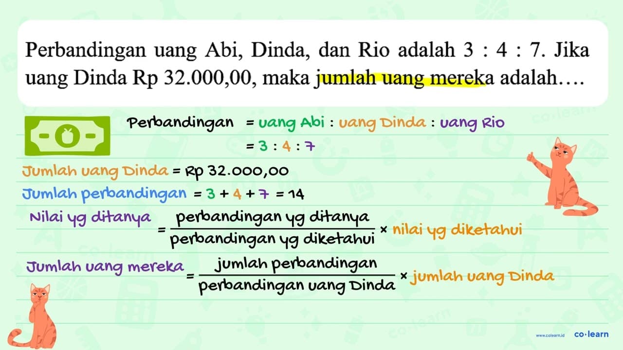 Perbandingan uang Abi, Dinda, dan Rio adalah 3: 4: 7 . Jika