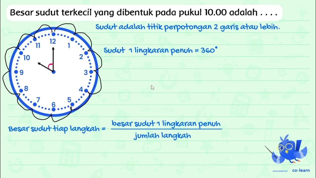 Besar sudut terkecil yang dibentuk pada pukul 10.00 adalah