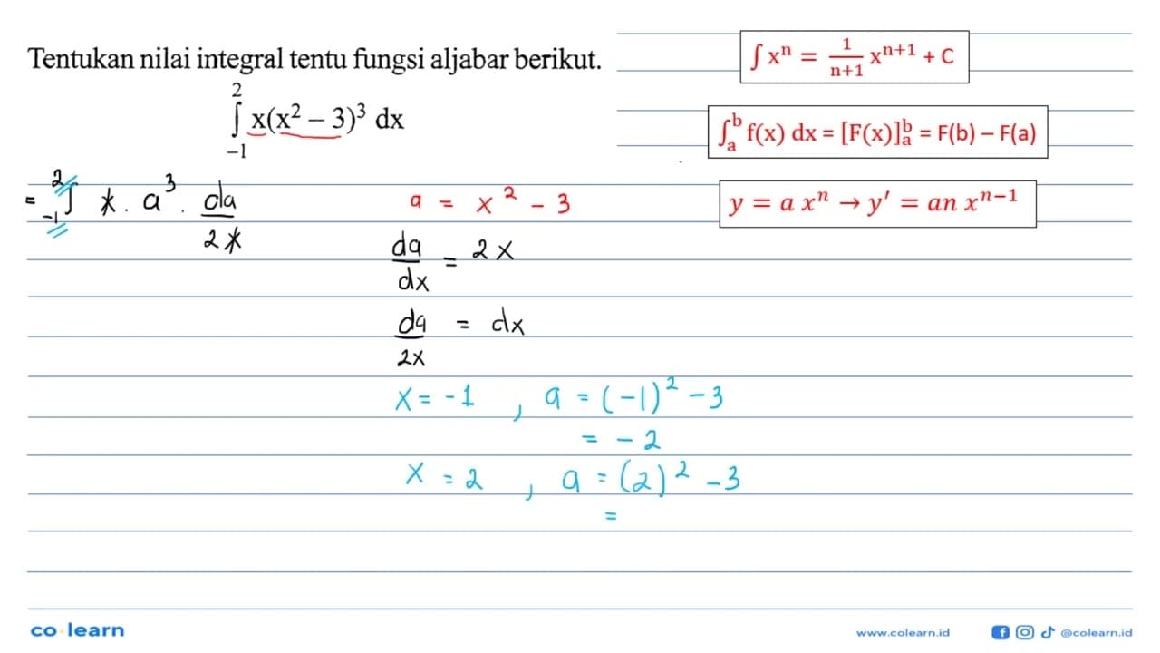 Tentukan nilai integral tentu fungsi aljabar berikut.