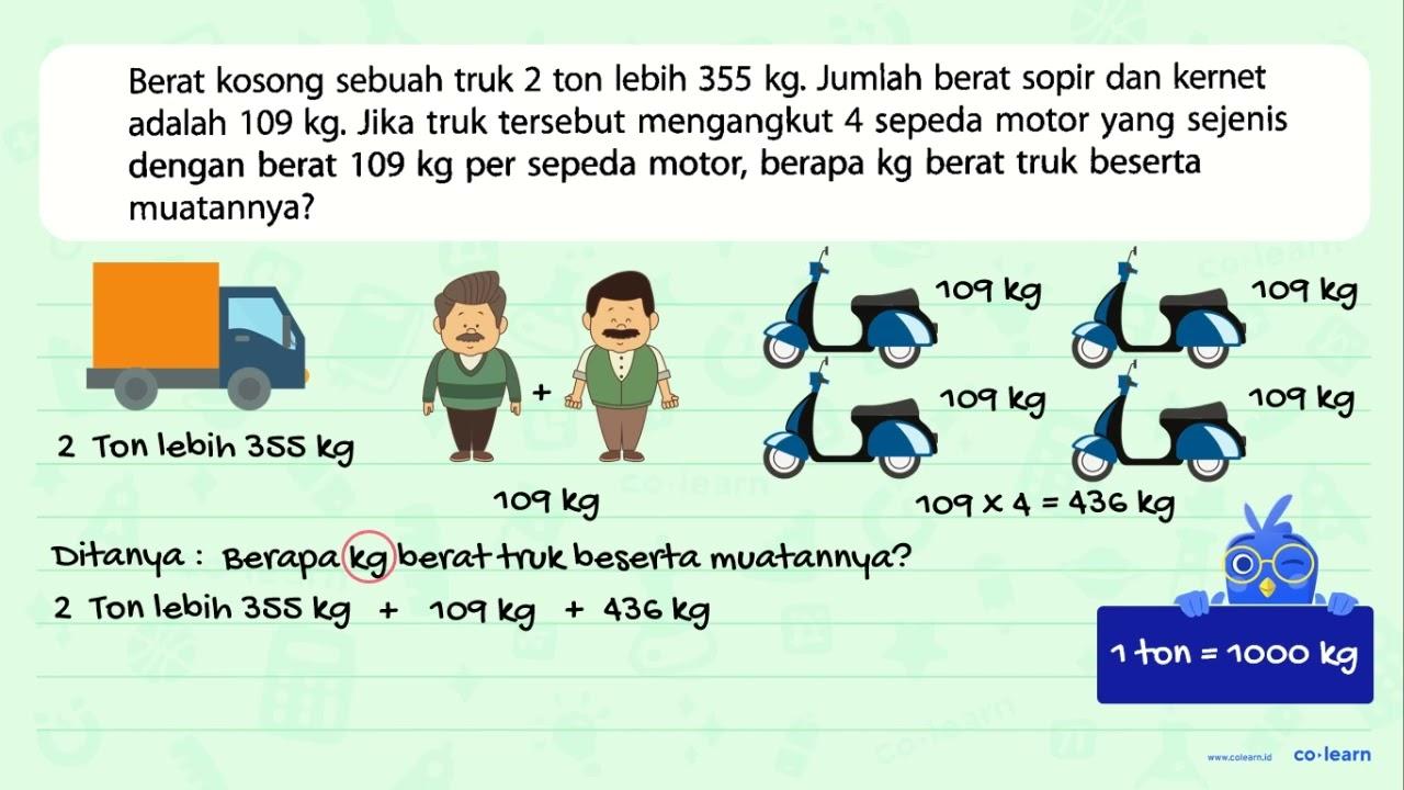 Berat kosong sebuah truk 2 ton lebih 355 kg. Jumlah berat