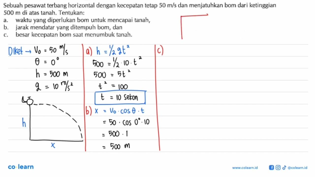 Sebuah pesawat terbang horizontal dengan kecepatan tetap 50