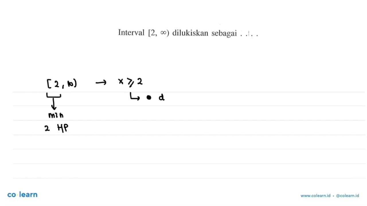 Interval [2, tak hingga) dilukiskan sebagai ....