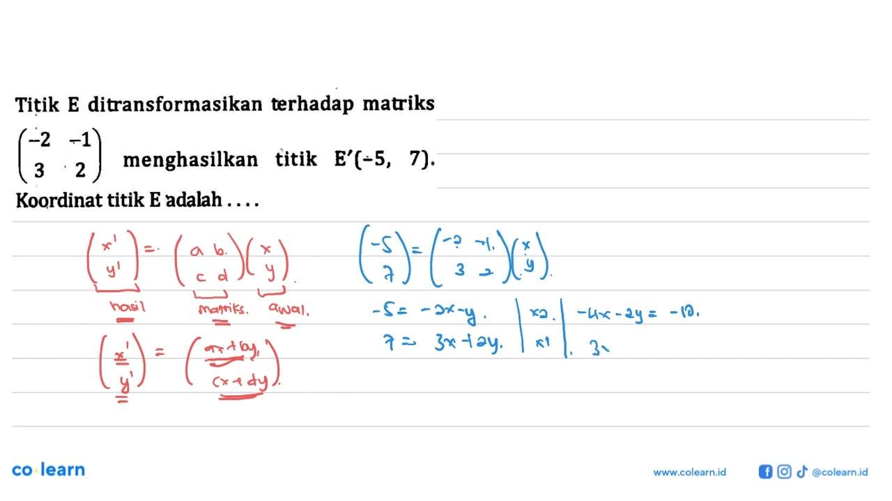 Titik E ditransformasikan terhadap matriks (-2 -1 3 2)