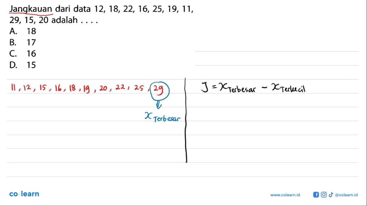 Jangkauan dari data 12,18,22,16,25,19,11,29,15,20 adalah