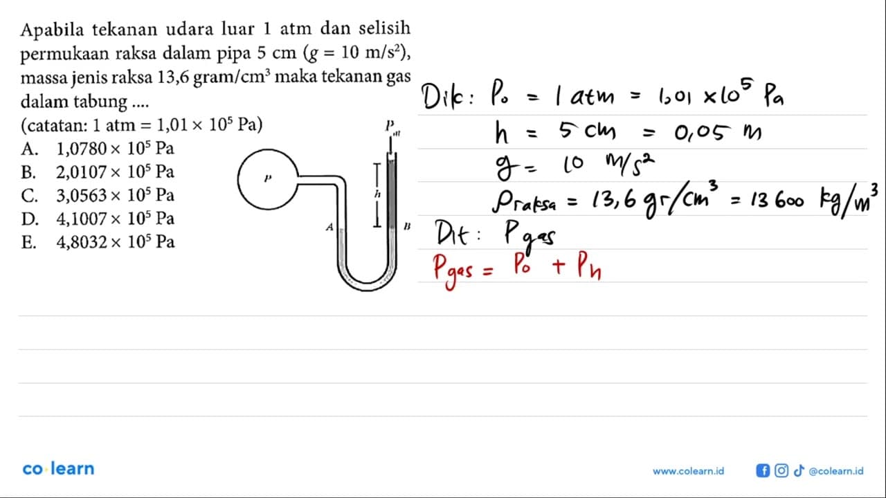 Apabila tekanan udara luar 1 atm dan selisih permukaan