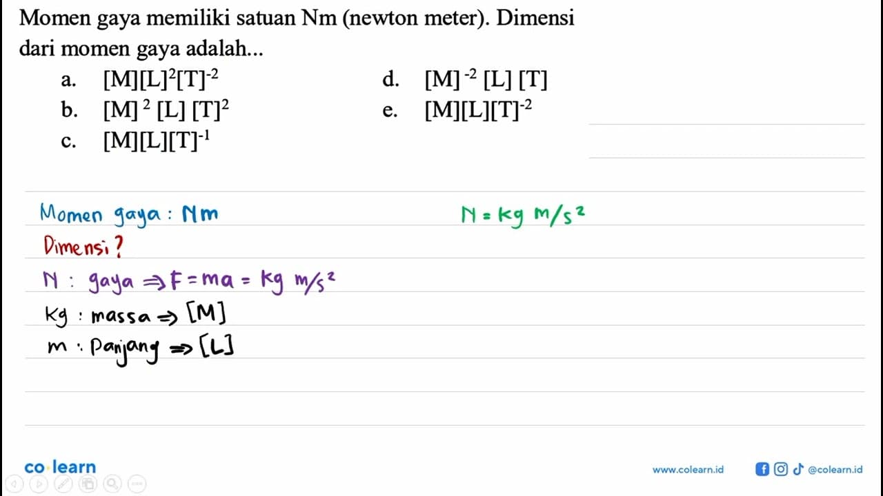 Momen gaya memiliki satuan Nm (newton meter). Dimensi dari