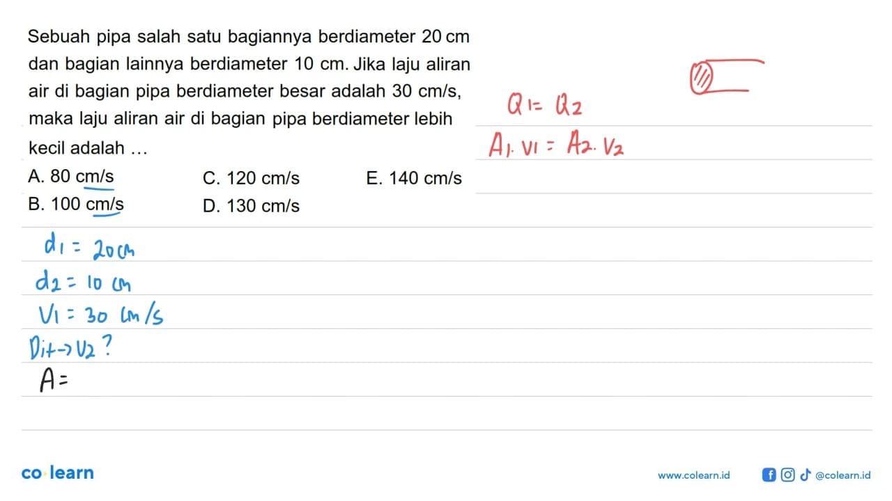 Sebuah pipa salah satu bagiannya berdiameter 20 cm dan