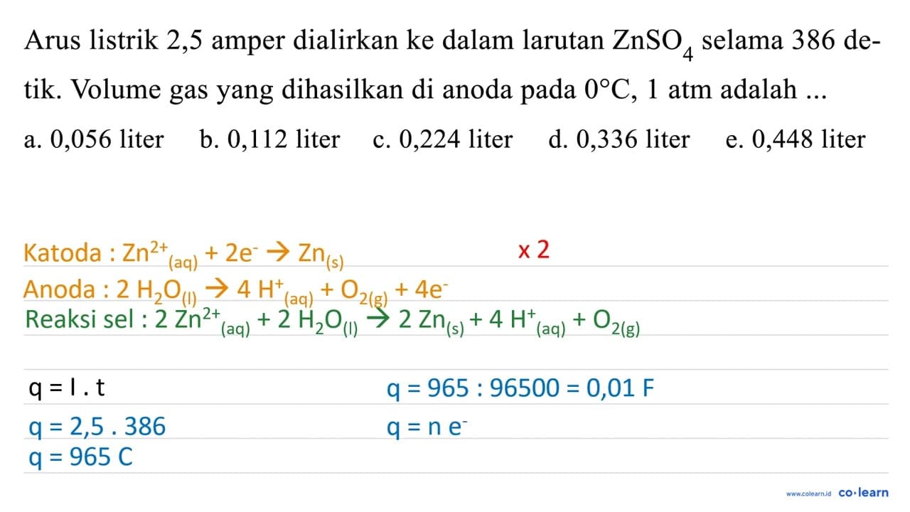 Arus listrik 2,5 amper dialirkan ke dalam larutan ZnSO4