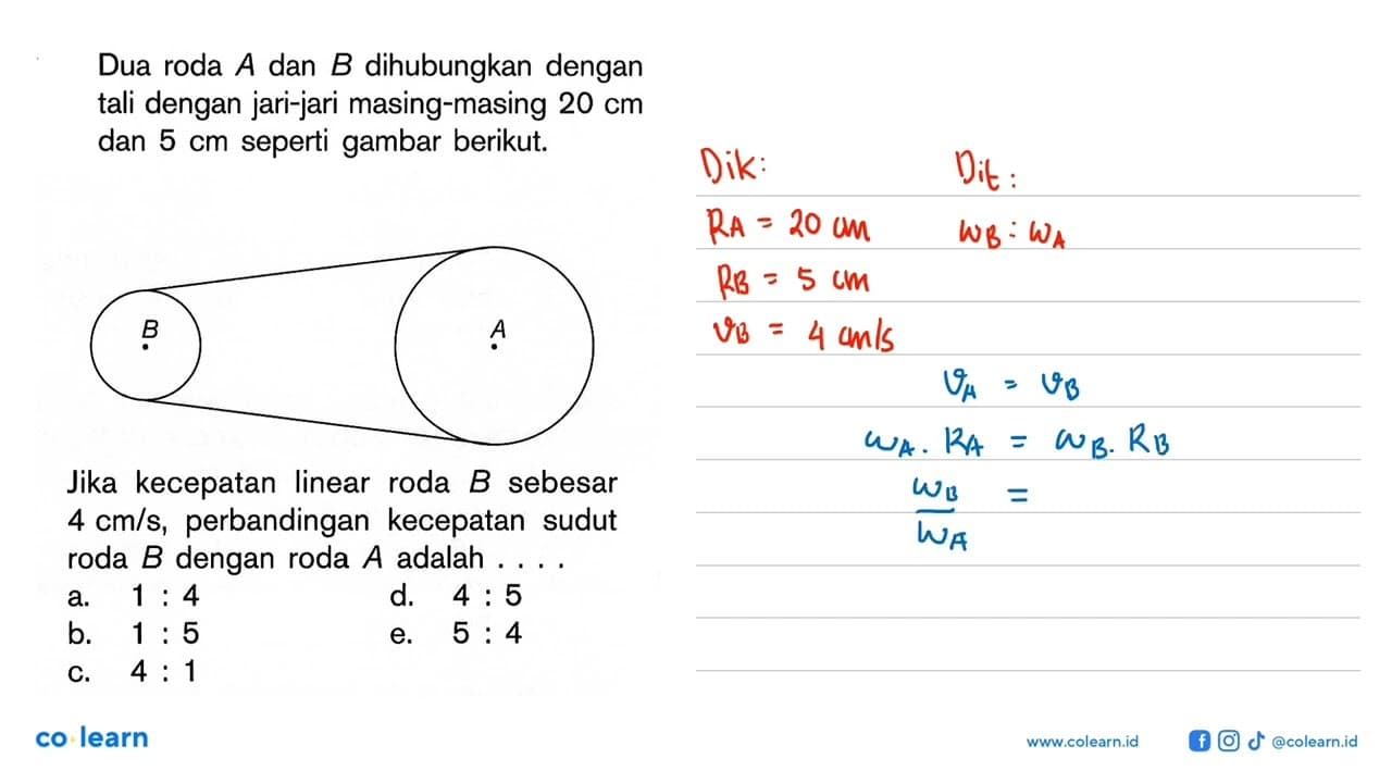 Dua roda A dan B dihubungkan dengan tali dengan jari-jari