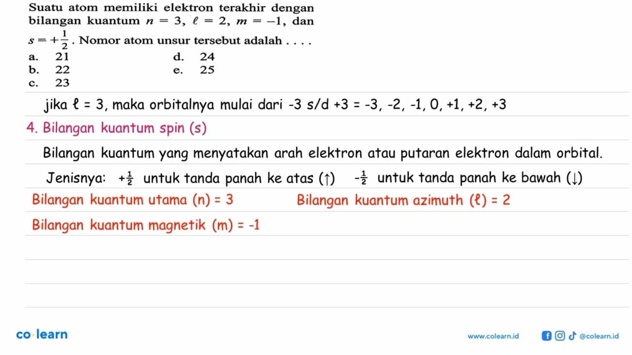 Suatu atom memiliki elektron terakhir dengan bilangan