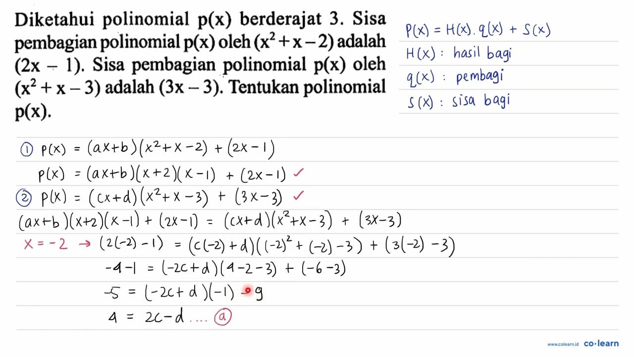 Diketahui polinomial p(x) berderajat 3. Sisa pembagian