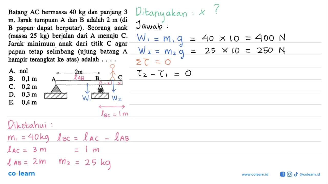Batang AC bermassa 40 kg dan panjang 3 m. Jarak tumpuan A
