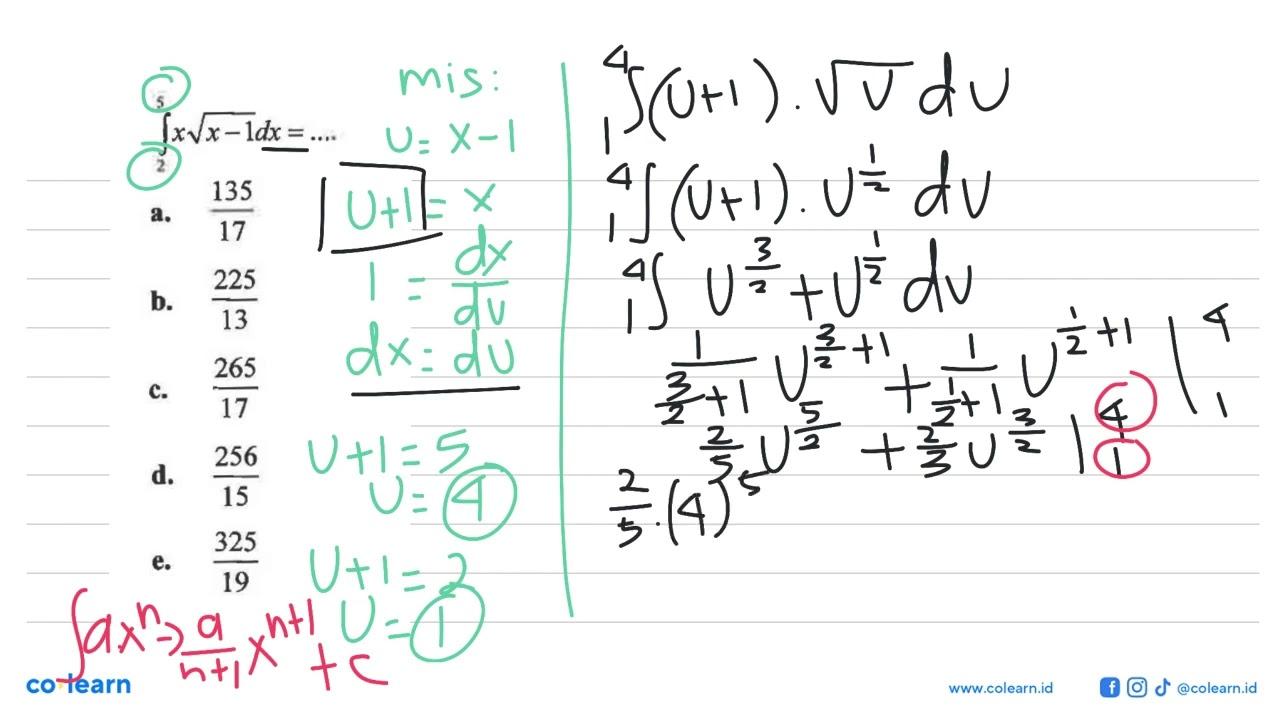 integral 2 5 x akar(x-1) dx=...