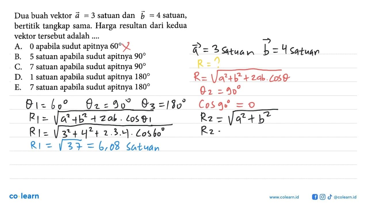 Dua buah vektor vektor a =3 satuan dan vektor b =4 satuan,