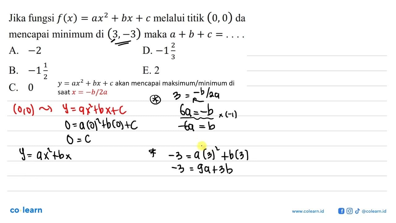 Jika fungsi f(x)=ax^2+bx+c melalui titik (0,0) dan mencapai