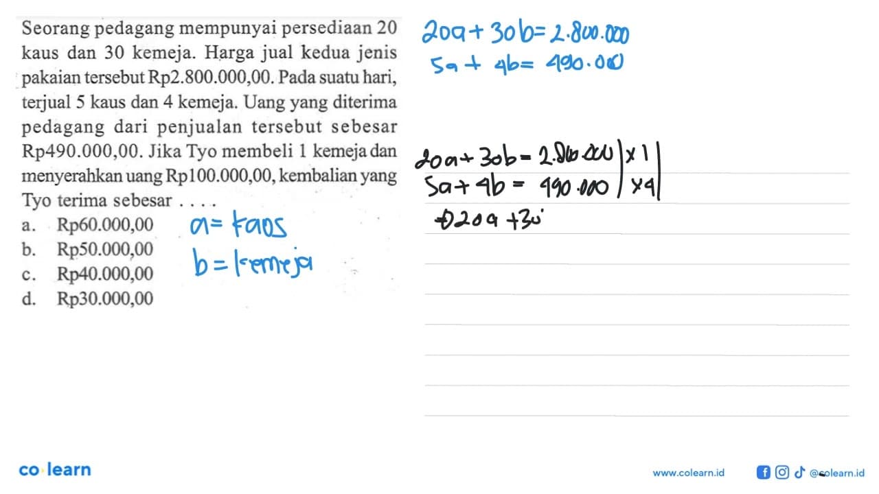 Seorang pedagang mempunyai persediaan 20 kaus dan 30