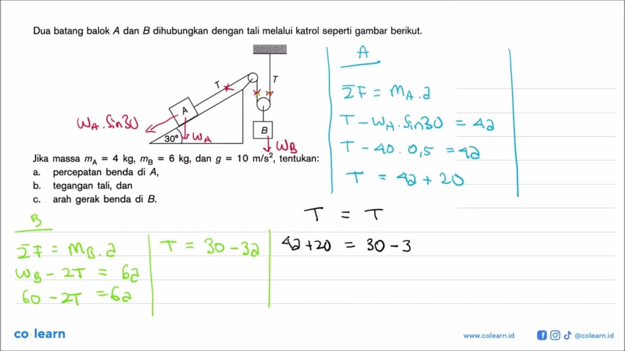 Dua batang balok A dan B dihubungkan dengan tali melalui