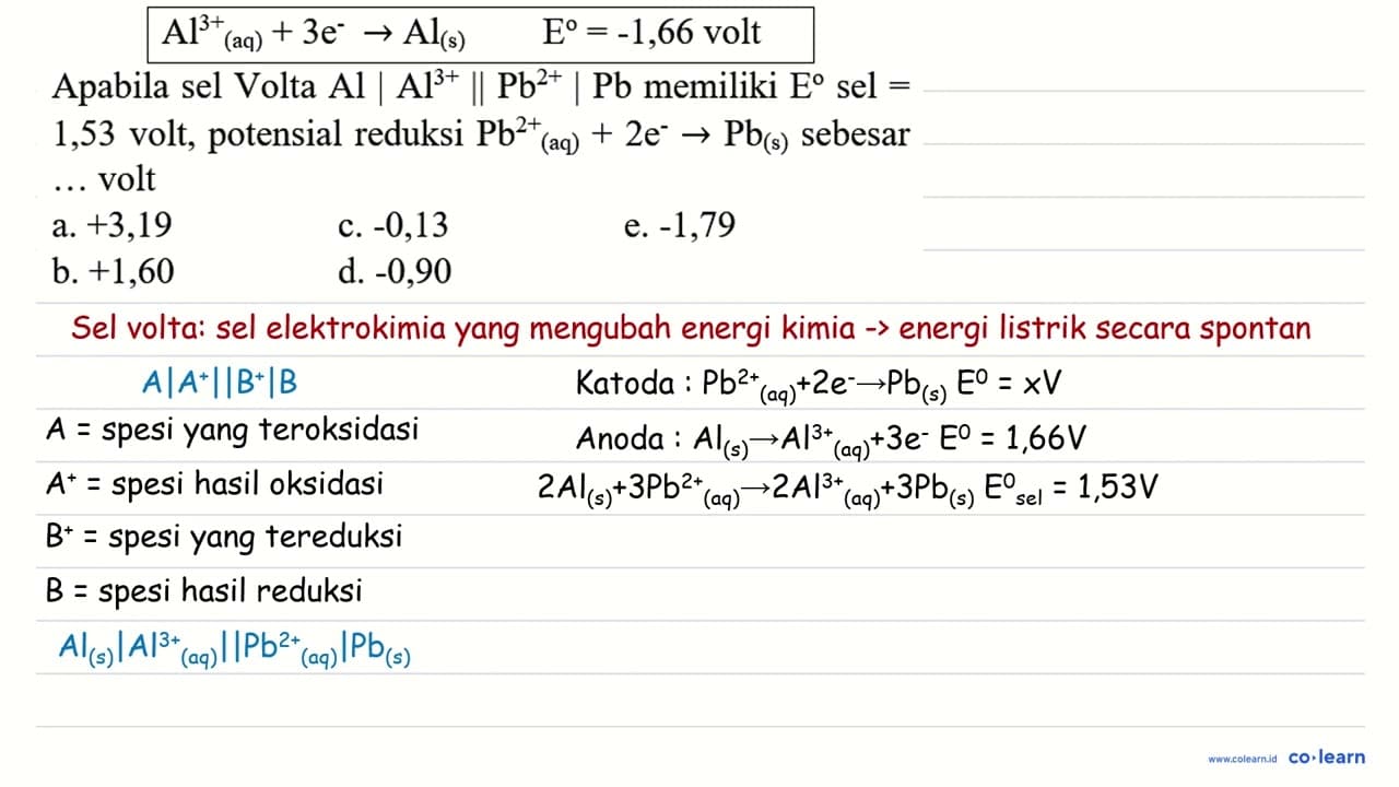 Al^(3+)/( )_((aq))+3 e^(-) -> Al_((s)) E=-1,66 { volt )