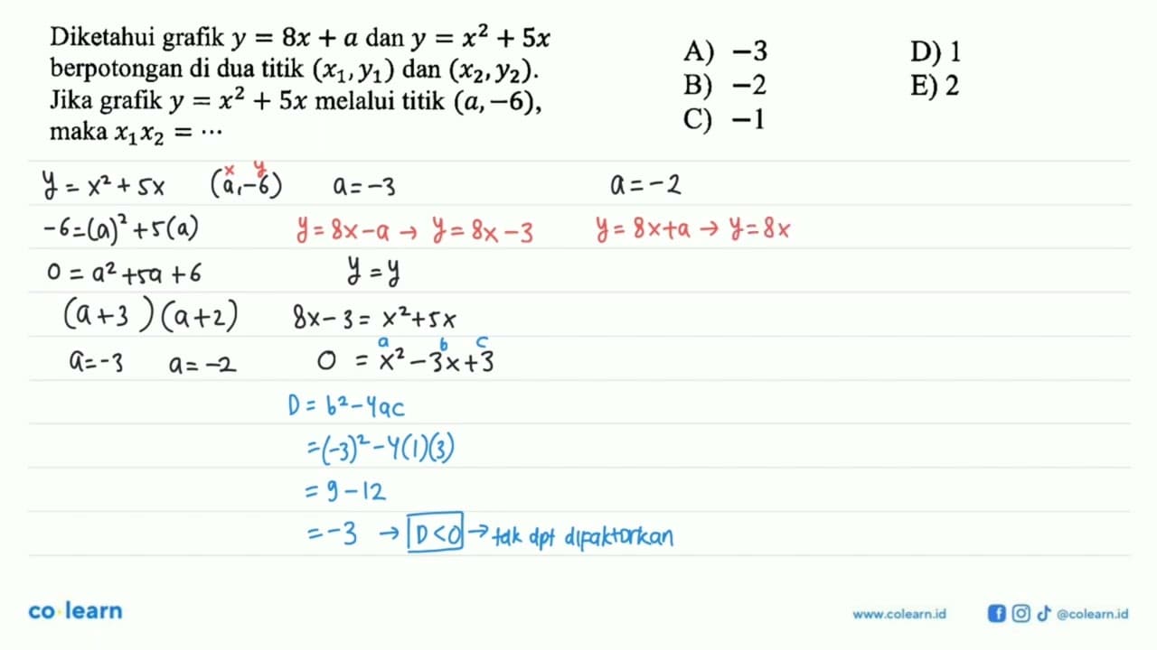 Diketahui grafik y = 8x + a dan y = x^2 + 5x berpotongan di