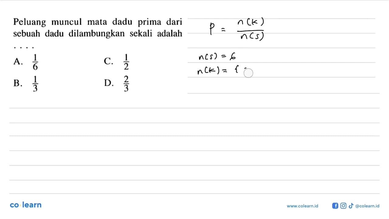 Peluang muncul mata dadu prima dari sebuah dadu