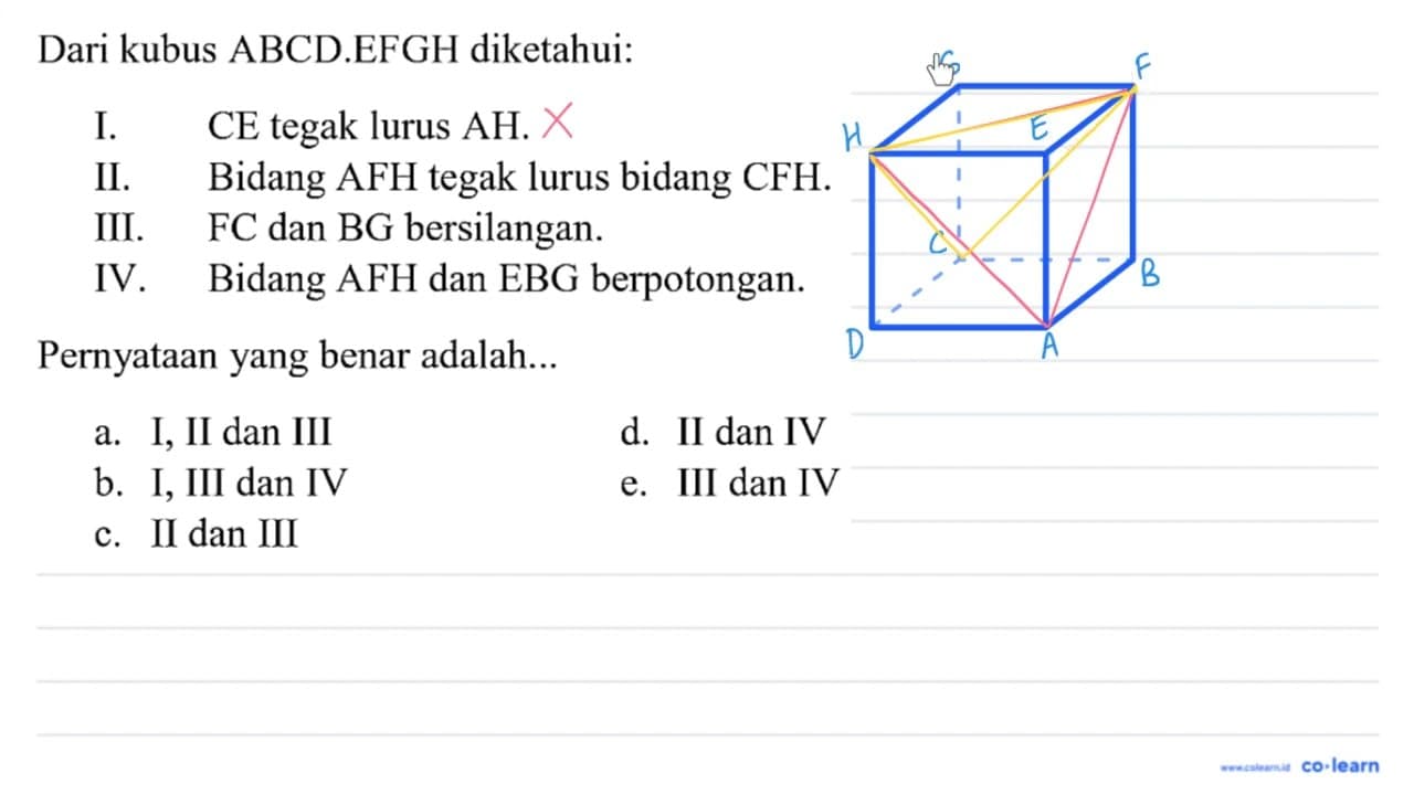 Dari kubus ABCD.EFGH diketahui: I. CE tegak lurus AH. II.