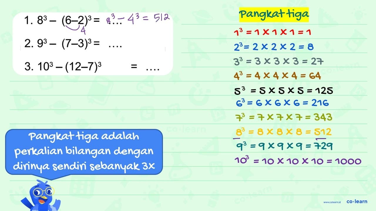 1. 8^3 - (6 - 2)^3 = .... 2. 9^3 - (7 - 3)^3 = .... 3. 10^3