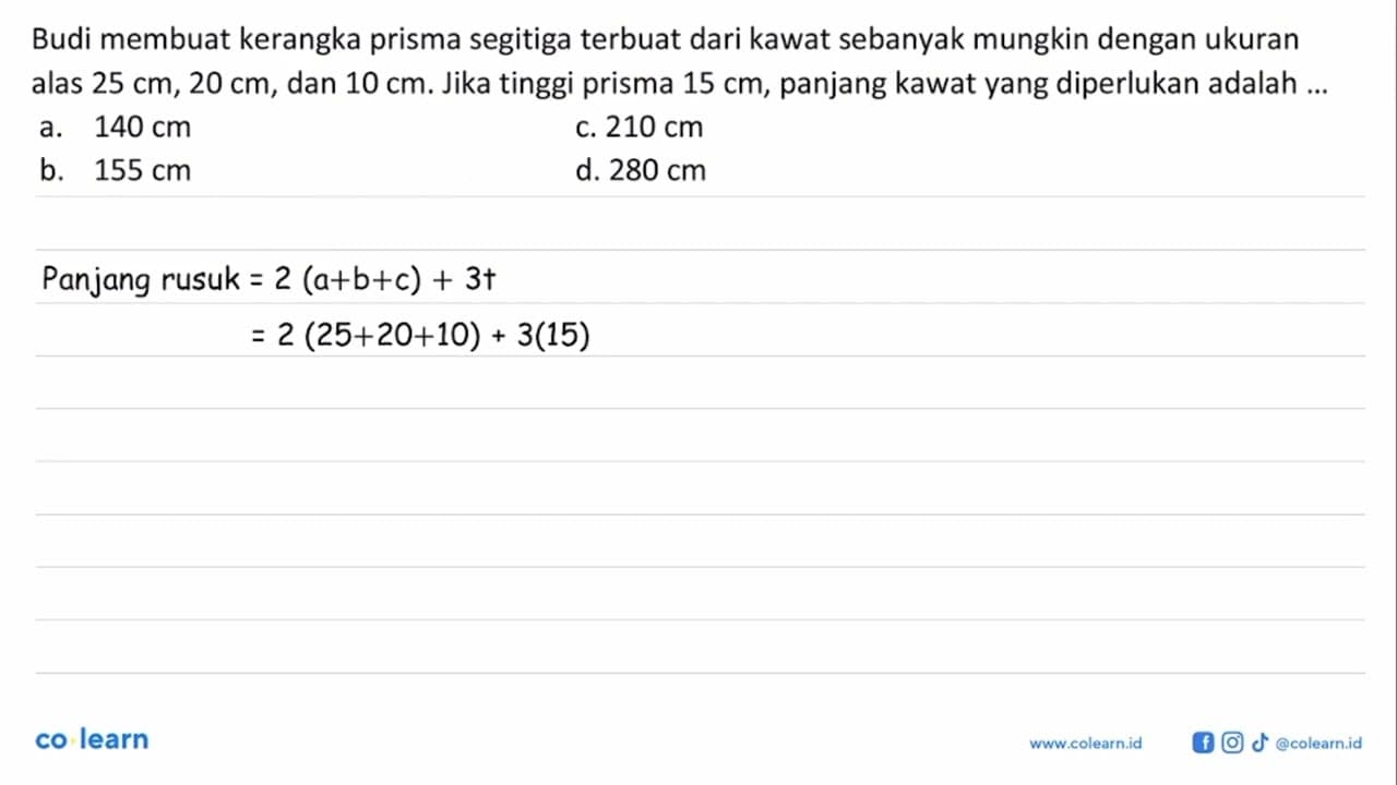 Budi membuat kerangka prisma segitiga terbuat dari kawat