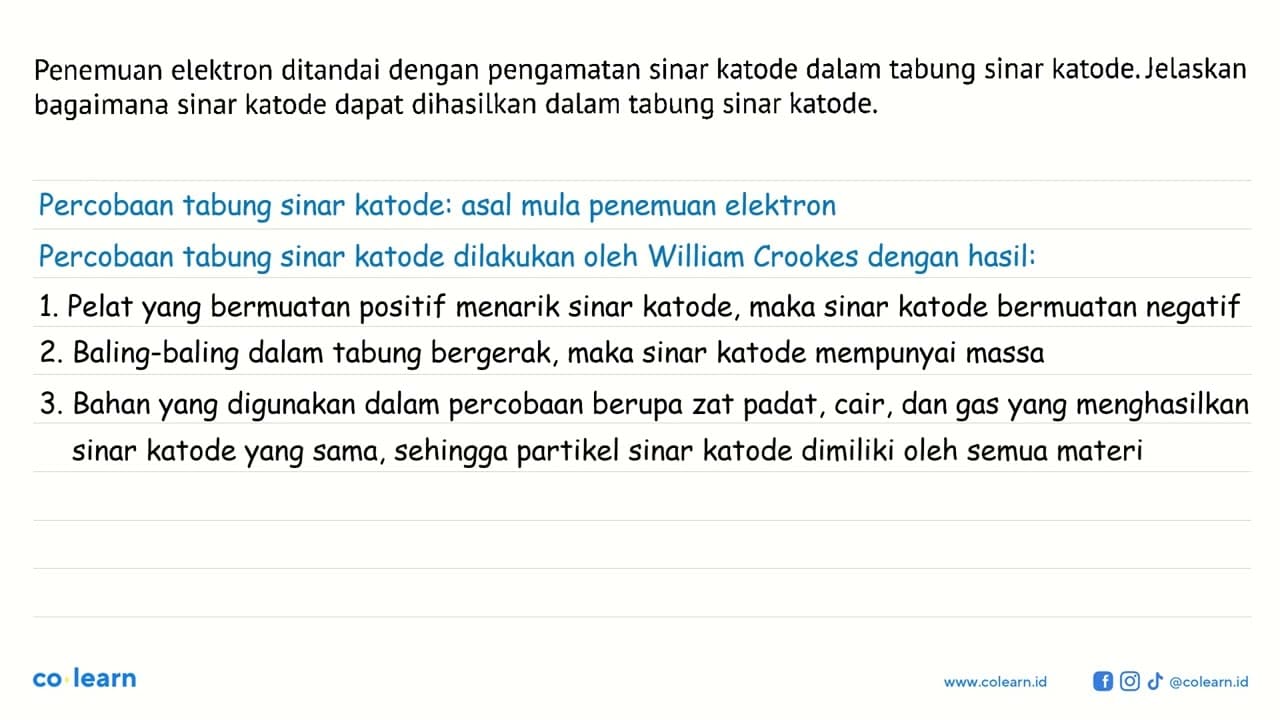 Penemuan elektron ditandai dengan pengamatan sinar katode