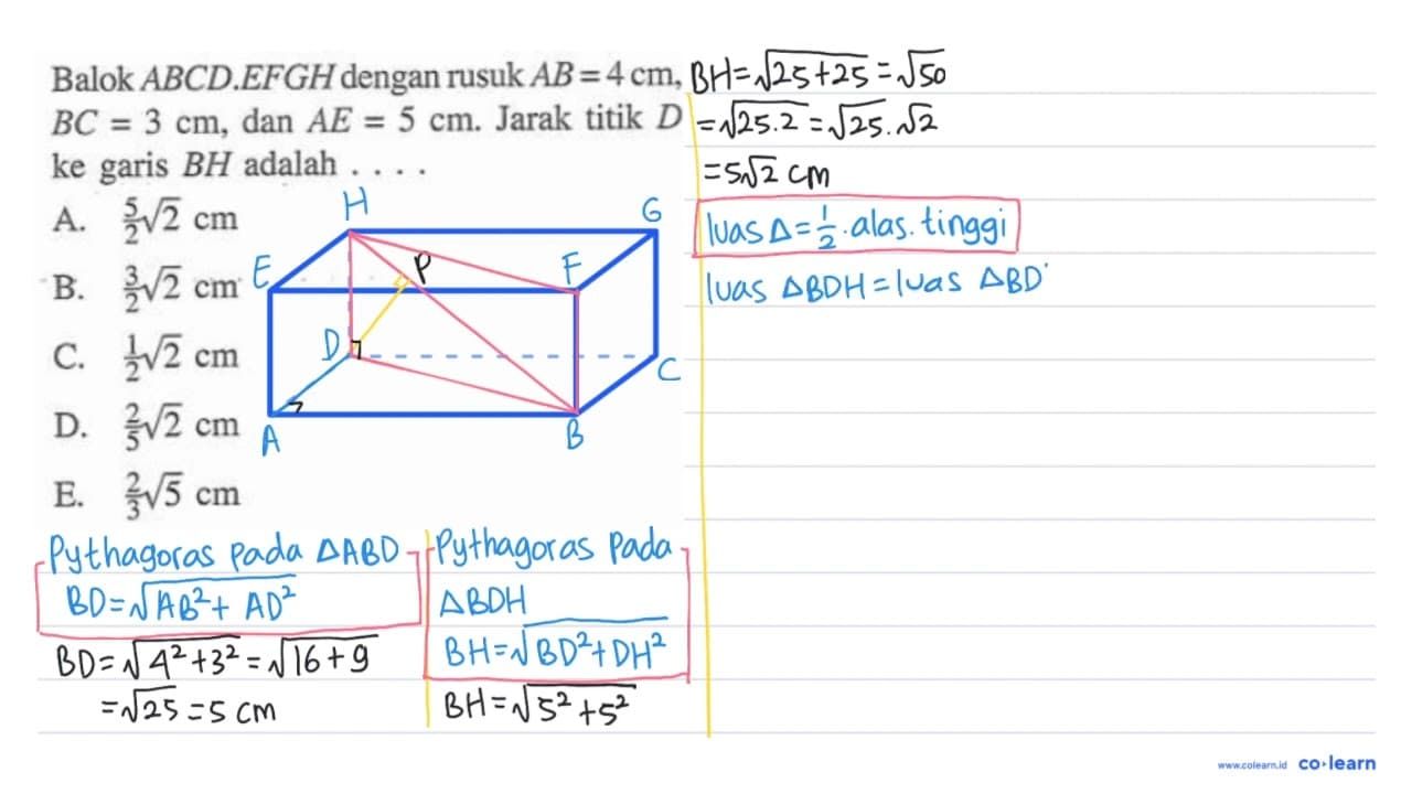 Balok ABCD.EFGH dengan rusuk AB=4 cm, BC=3 cm, dan AE=5 cm.