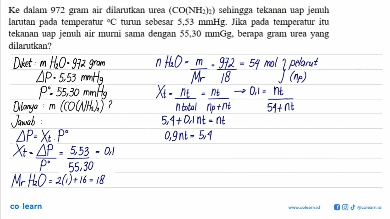 Ke dalam 972 gram air dilarutkan urea (CO(NH2)2) sehingga