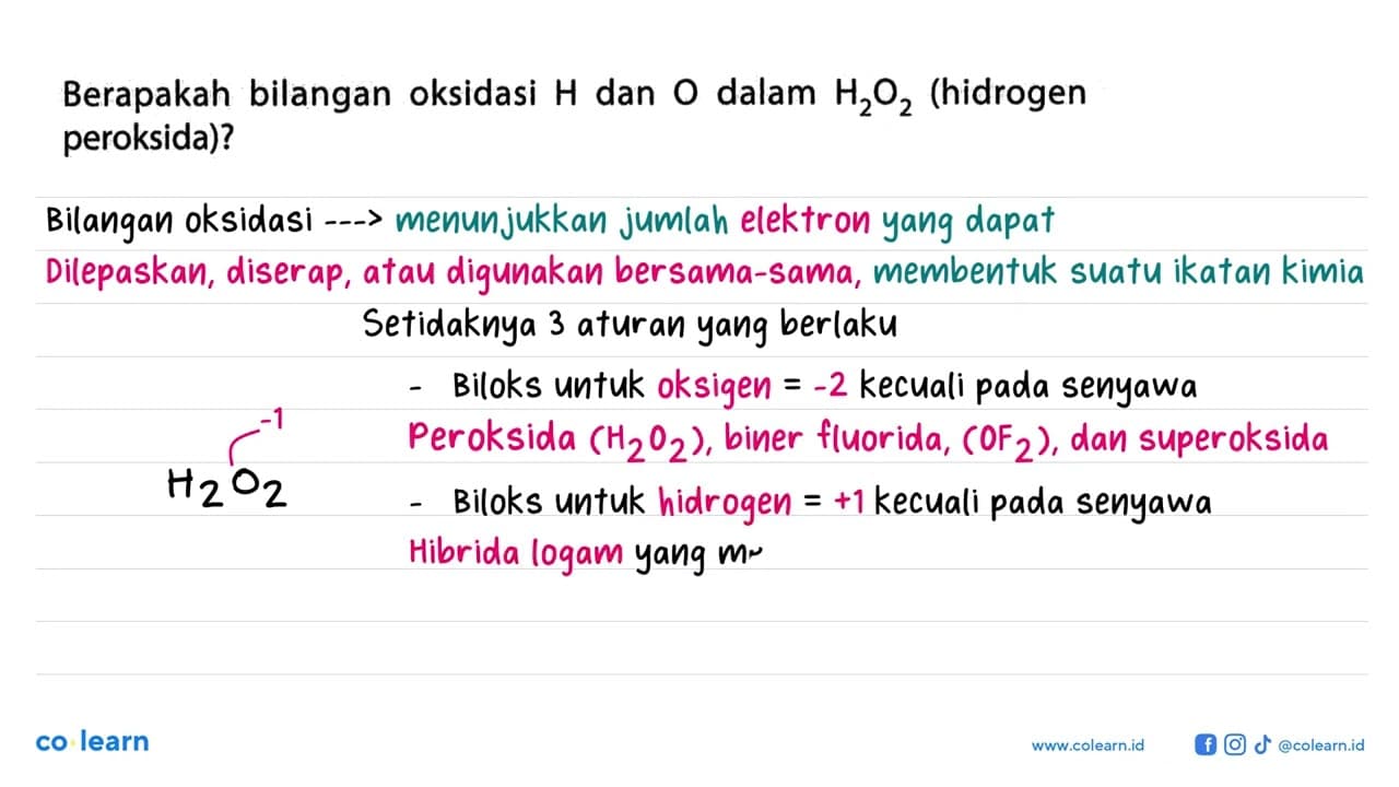 Berapakah bilangan oksidasi H dan O dalam H2O2 (hidrogen