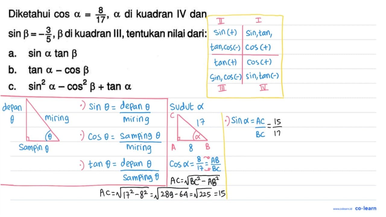 Diketahui cos alpha=8/17, alpha di kuadran IV dan sin