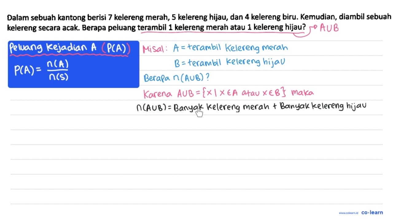 Dalam sebuah kantong berisi 7 kelereng merah, 5 kelereng