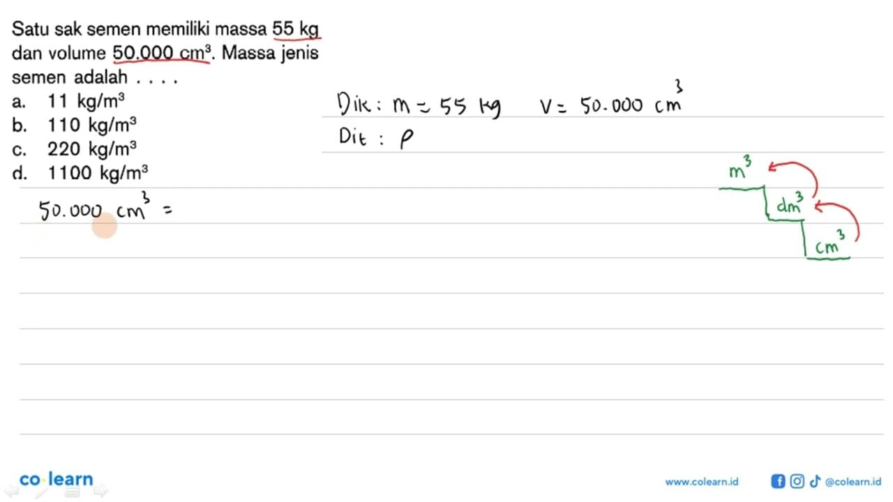 Satu sak semen memiliki massa 55 kg dan volume 50.000 cm^3.