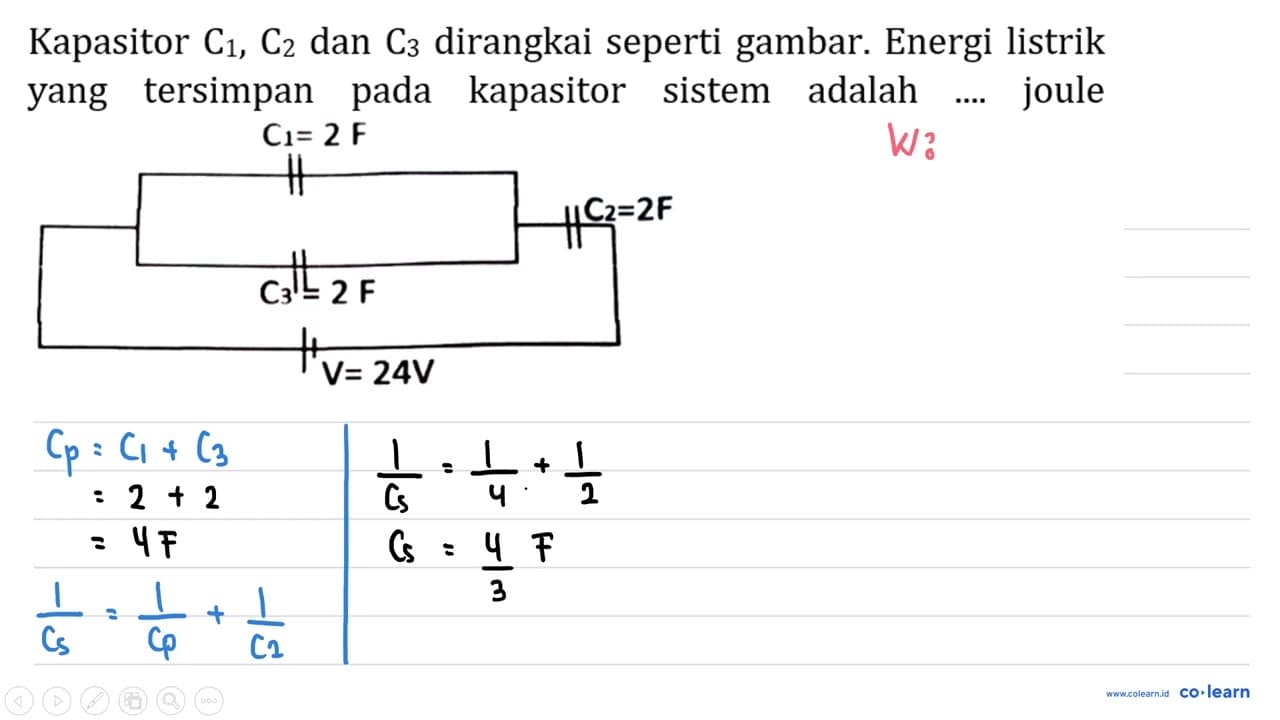 Kapasitor C_(1), C_(2) dan C_(3) dirangkai seperti gambar.