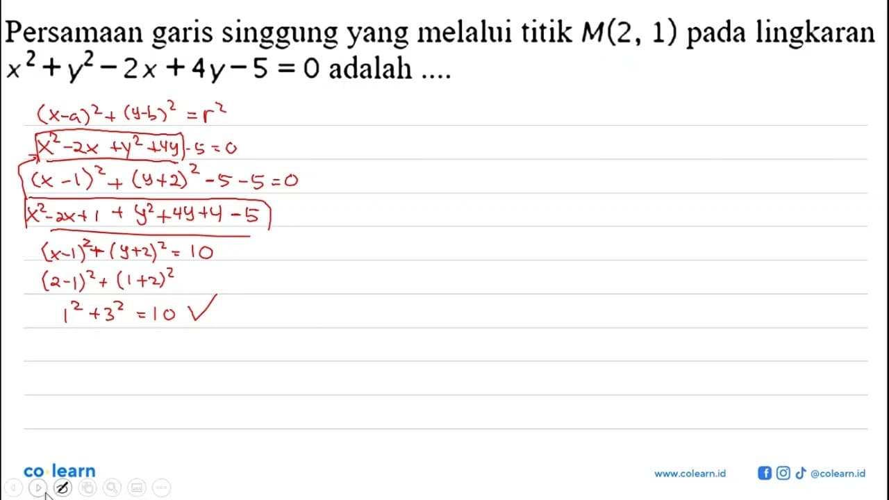 Persamaan garis singgung yang melalui titik M(2,1) pada